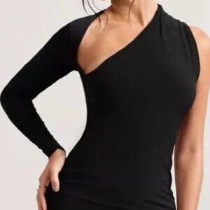 Club L London - Black Asymmetrical Sleeve Bodysuit